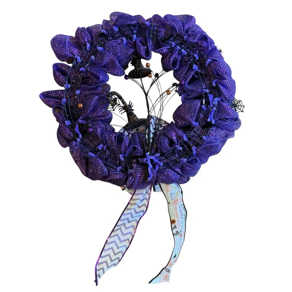 Handmade Purple Halloween Deco Mesh Wreath with Ribbon Bow, Spiders & Webs 20